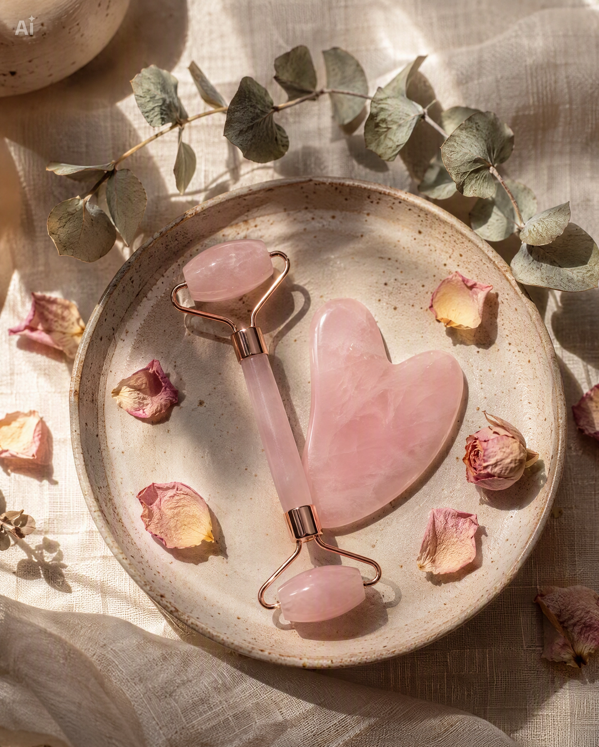 Set Rodillo Facial y Gua Sha de Cuarzo Rosa