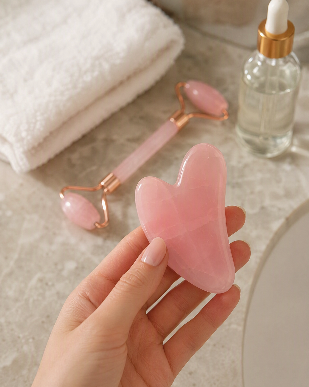 Set Rodillo Facial y Gua Sha de Cuarzo Rosa
