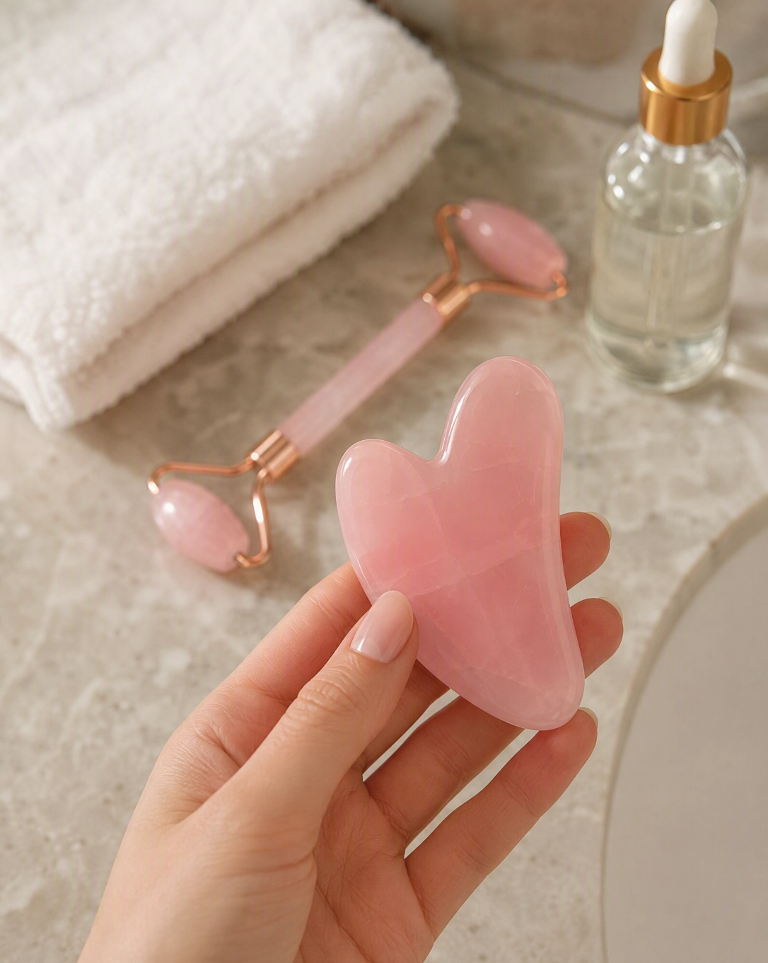 Set Rodillo Facial y Gua Sha de Cuarzo Rosa