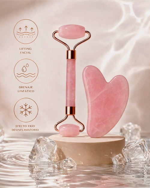 Set Rodillo Facial y Gua Sha de Cuarzo Rosa